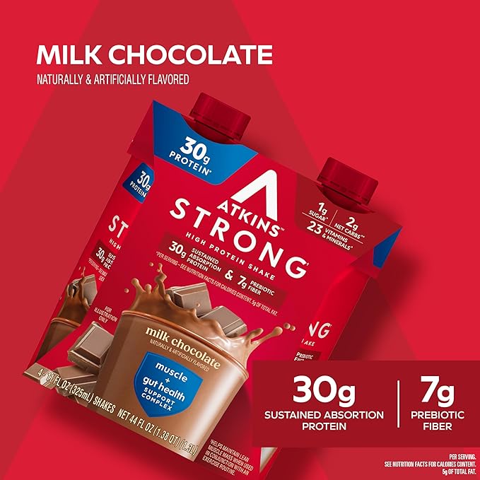 Atkins Strong High Protein Shake, Milk Chocolate, 30g Protein, 7g Prebiotic Fiber, Muscle & Gut Health Support Complex, 12 Count